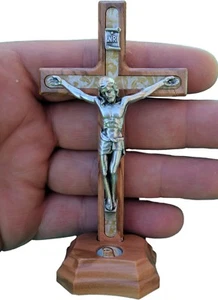 Standing OLIVE Wood Cross Table Desk Crucifix From Medjugorje 4.1 inc - Picture 1 of 19