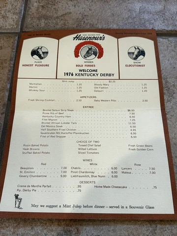 HASENOURS LOUISVILLE KENTUCKY DERBY SOUVENIR MENU 1976 BOLD FORBES POSTCARD FOLD Cover