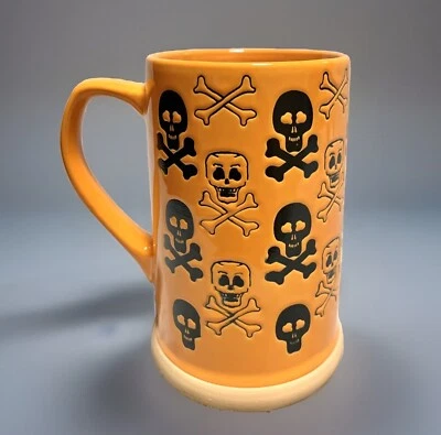 NEW Halloween SKULLS & CROSSBONES Tall 18oz Orange Stoneware Coffee Cup Mug - Image 1 of 4