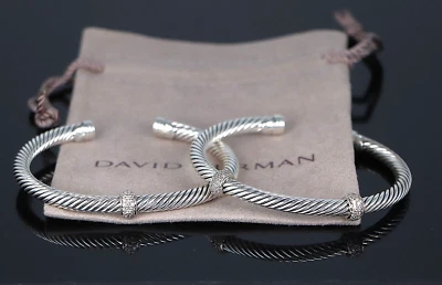 Brazaletes David Yurman Plata Oro Blanco 18K Pavé Diamante 5mm Cable 2 Foto 1 de 4