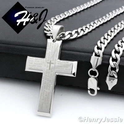 Colgante Cruz Versículo Biblia Cadena Bordillo Cubano Plata 6mm Acero Inoxidable 18-40"*P77 Foto 1 de 4