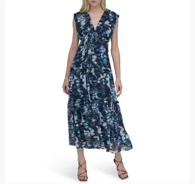 DKNY - Abstract Maxi Floral Dress L Blue - Image 1 of 3
