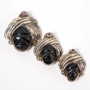 Spilla catena tre teste figura turbante pietra argento sterling Messico vintage - Foto 1 di 5