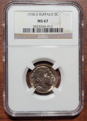 1938-D Buffalo Nickel NGC MS 67 Gem Brilliant Uncirculated Certified 5c Coin - Image 1 of 4