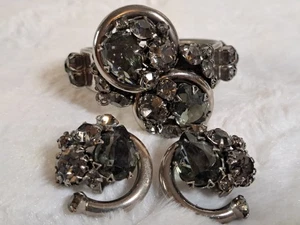 Vintage 1950s Smoky Rhinestone Bracelet & Clip-On Earrings Set Silver Tone Set - Picture 1 of 12