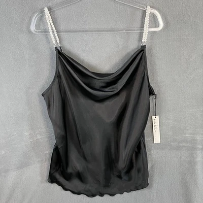Camisola de satén con correa de perlas y cuello capucha Nicole Miller para mujer talla XL negra nueva con etiquetas Foto 1 de 4