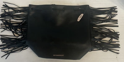 NWT•  Victoria Secret Backpack Black Drawstring Bucket Bag Fringe Purse $85 MSRP - Image 1 of 4