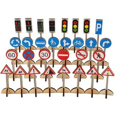 Wooden Traffic Sign Toy Road Sign Toy Model Educational Toy for Kids Learning - Image 1 of 4