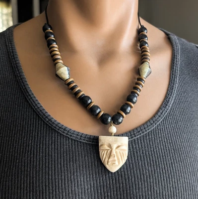 Máscara africana hueso colgante collar tribal cuentas declaración artesanal 22" Foto 1 de 4