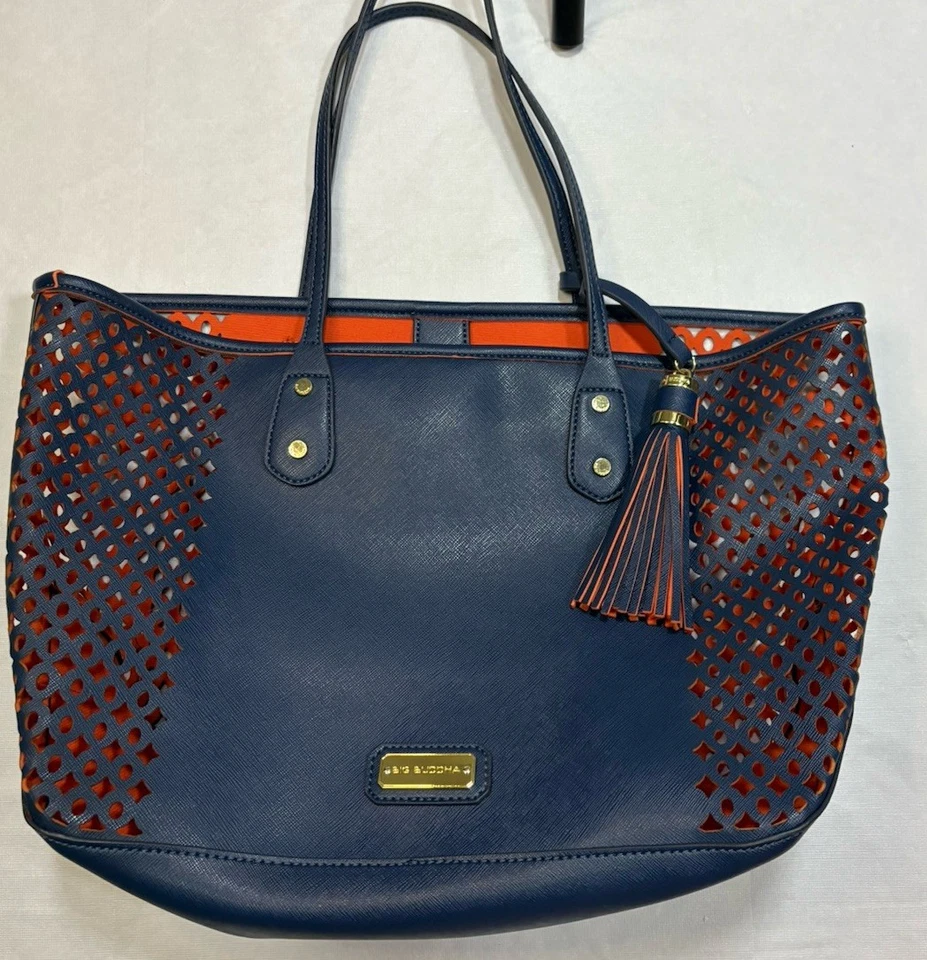 Bolsa tote Big Buddha couro vegano perfurado azul marinho e laranja bolsa de mão grande boho - Imagem 1 de 4