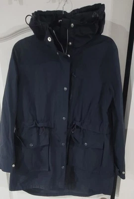 Chaqueta parka de lluvia para mujer J.Crew azul marino cremallera completa con capucha dobladillo alto bajo talla XS Foto 1 de 4