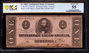 1863 $1 CONFEDERATE STATES OF AMERICA NOTE T-62 PF-3 PCGS B ABOUT UNC AU 55 - Picture 1 of 4