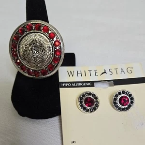 Juego de anillos y pendientes de plata y rojo, 2 piezas - Imagen 1 de 8