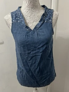 Weird Fish Top Pusteblume Wunschdruck UK 8 blau Denim ärmellos Bluse V-Ausschnitt - Bild 1 von 9