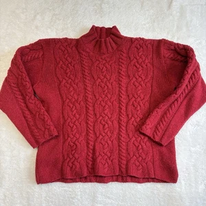 Womens Irelands Eye Sz L Cable Merino Wool Silk Fishermans Mock Neck Red Sweater - Picture 1 of 8