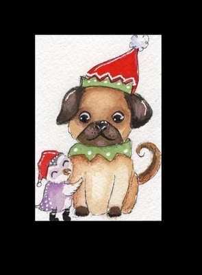 ACEO Праздничный Эльф Мопс Объятия Собака Сова Оригинальное Причудливое Акварельное Искусство - Изображение 1 из 4