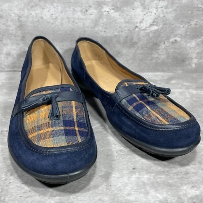 Hotter Alice Flats Women's 9 Comfort Concept Blue Suede Plaid and Tassel Slip On - Image 1 of 4