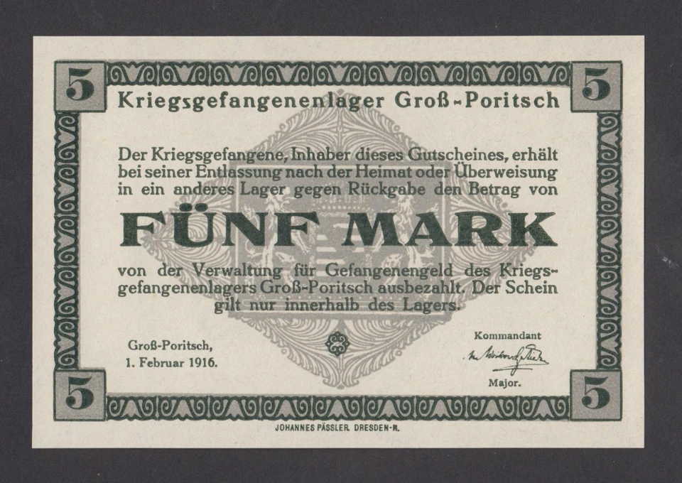 🔴GERMANY  5 Mark  1916  UNC   POW -  WWI Concentration Camp GROSS-PORITSCH - Image 1 of 1