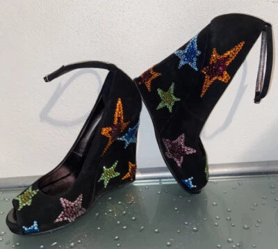 РЕДКИЕ черные замшевые клинья с открытым носком Giuseppe Zanotti с хрустальными звездами размер 37 - Изображение 1 из 4
