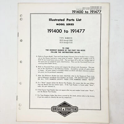 Vtg 1973 Briggs & Stratton 191400-191477 Illustrated Parts List - Image 1 of 2