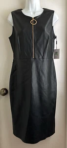 Calvin Klein $159 Size 8 Black Zip Gold Pull Faux Leather Sheath Dress - Picture 1 of 5