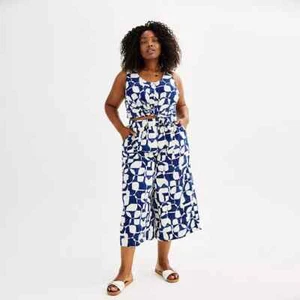 Sonoma Linen Blend Wide Leg Cropped Pants Womens 1X Blue Geometric Lagenlook NEW - Picture 1 of 9