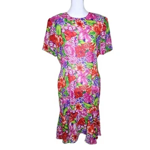 Vintage 80s Leslie Fay Sheath Dress Womens Size 12 Pink Red Floral Shoulder Pads - Picture 1 of 6