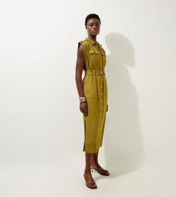 Vestido midi camisa tejida de lino viscosa premium Karen Millen - 14 - caqui - nuevo con etiquetas Foto 1 de 4