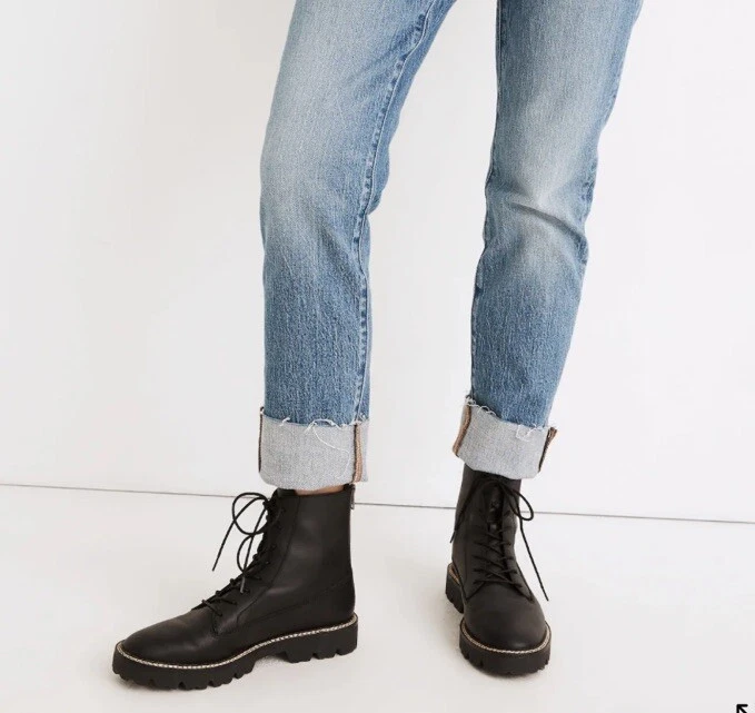 Madewell The Citywalk Lugsole Lace Up Boots •8• Black Leather Combat NB948