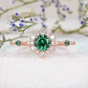 2Ct Round Cut Simulated Emerald Women's Engagement Ring 14K Rose Gold Plated - Picture 1 of 5