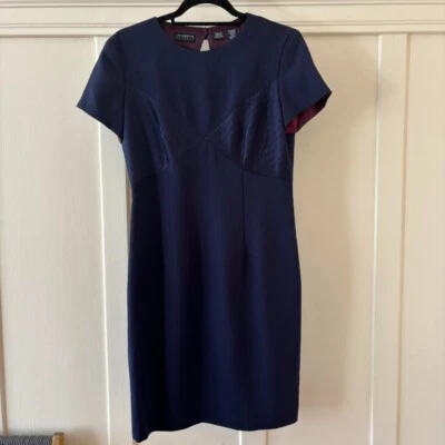 90 年代复古 Liz Claiborne 极简主义海军蓝及膝连衣裙美国制造 6 码 — 第 1/4 张图片