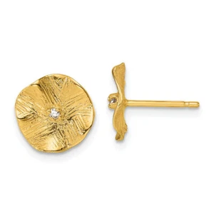 14K Solid Yellow Gold Diamond Wavy Round Stud Earrings - Picture 1 of 3