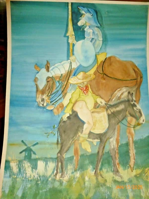Pintura Don Quijote masa firmada 1974 acuarela sobre tablero de papel 13x18" Foto 1 de 4