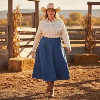 Falda Vaquera Lauren Jean Co Ralph Lauren Azul Bordada Ajuste y Acampanada Midi Y2K Foto 1 de 4