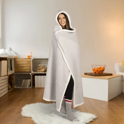 Hooded throw wearable blanket in light gray reversible - Image 1 of 3