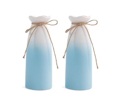 ¡JUEGO DE 2 PAQUETES! Florero decorativo de cerámica, ombre azul aguamarina con borde blanco Foto 1 de 4