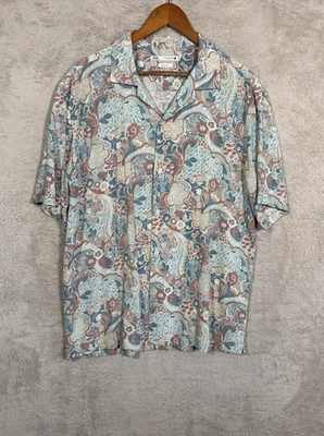 Camisa Zara Para Hombre Mediana Azul Rosa Paisley Manga Corta Abotonada Cuello de Campamento Foto 1 de 4