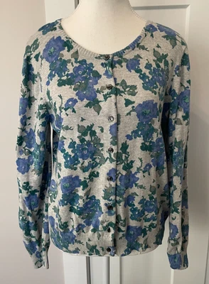 LL BEAN Womens Cardigan SWEATER Long Sleeve BLUE Green Gray FLORAL Size M - Image 1 of 4