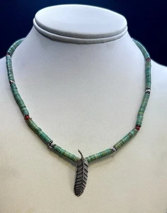 Mignon Faget Turquoise Beaded Feather Pendant Sterling Silver 18inch Necklace - Picture 1 of 4
