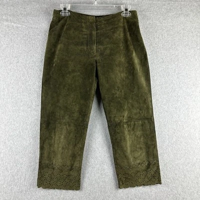 Pantalones capri Express para mujer de cuero genuino verde frente plano dobladillo festoneado (5/6) Foto 1 de 4
