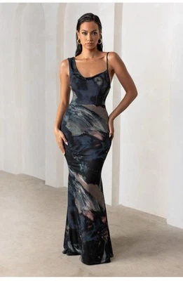 Maxi Vestido Club L London Phantasy Negro Estampado Abstracto Escote Asimétrico Capucha Foto 1 de 4