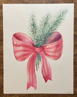 Original Watercolor Painting Christmas Tree Branches and Red Bow - 7x9 inches - image 1 of 3