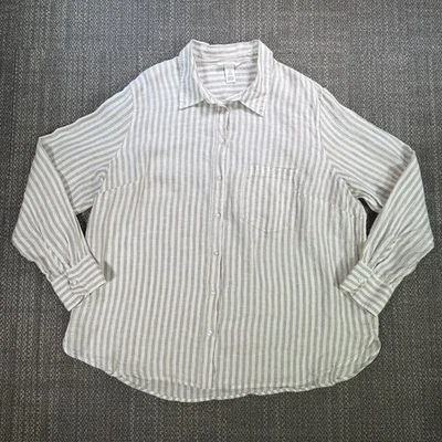 Блузка льняная женская H&M XL желтовато-коричневая белая в полоску с длинным рукавом Lagenlook цветущая прибрежная - Изображение 1 из 4