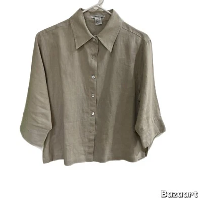 Women's Linen Button Up Blouse Mother Of Pearl Buttons Staple Piece Taupe - Image 1 of 4