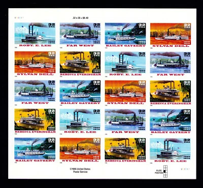 US #3095b, 32¢ Riverboats, Sheet of 20 w/SPECIAL INTERRUPTED DIE CUTTING, VF - Image 1 of 4