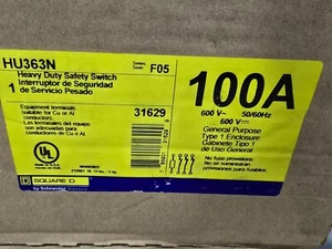 CUADRADO D, INTERRUPTOR DE SEGURIDAD DE ALTA RESISTENCIA, HU363N, 100 A, 600 V, 3 P, NF, NEMA 1, NUEVO. - Imagen 1 de 4