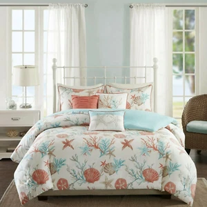 Coastal Comforter Set Coral White Shell Queen Decorative Bedding Pillow Shams - Picture 1 of 6