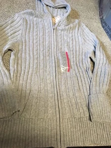 Girls size 18.5 18 1/2 Plus Hooded cable knit sweater w/ pockets Gray Black BN - Picture 1 of 4
