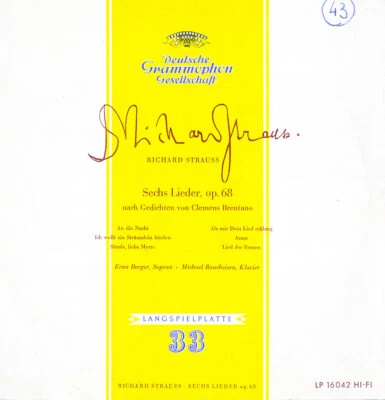 R. STRAUSS 6 Songs Op.68 ERNA BERGER RAUCHEISEN DGG LP-16042 10" 1950 Recording - Image 1 of 3