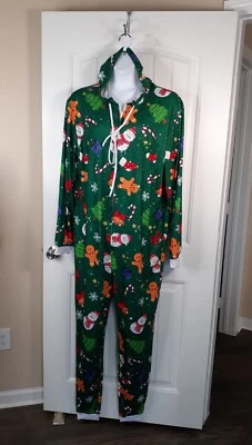 Pijama jersey manga larga con capucha verde Navidad cremallera completa adulto 2XL Foto 1 de 4